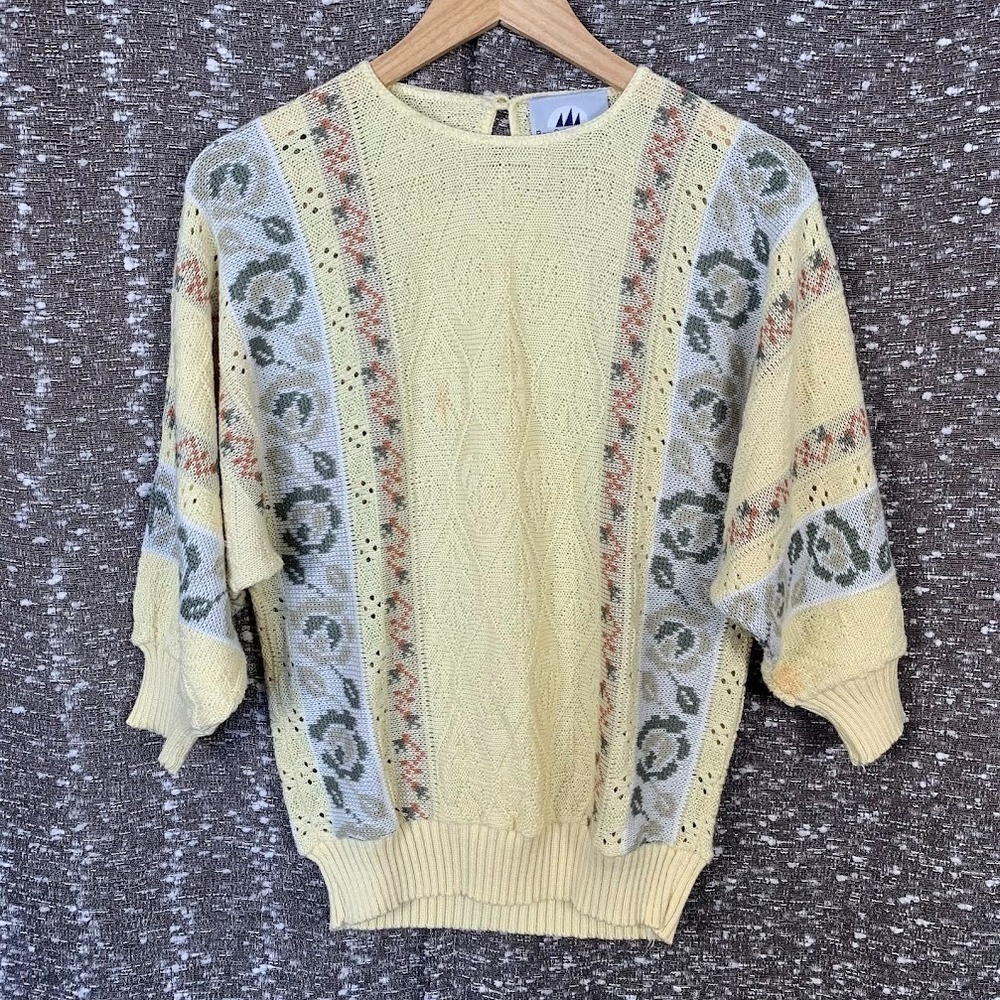 Vintage Bay‎ Point Threads Yellow Floral Knit Sweater 3/4 Sleeve Women's Small